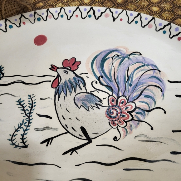 Hand Painted Oval Art Pottery Serving Platter Rooster - Picture 3 of 15